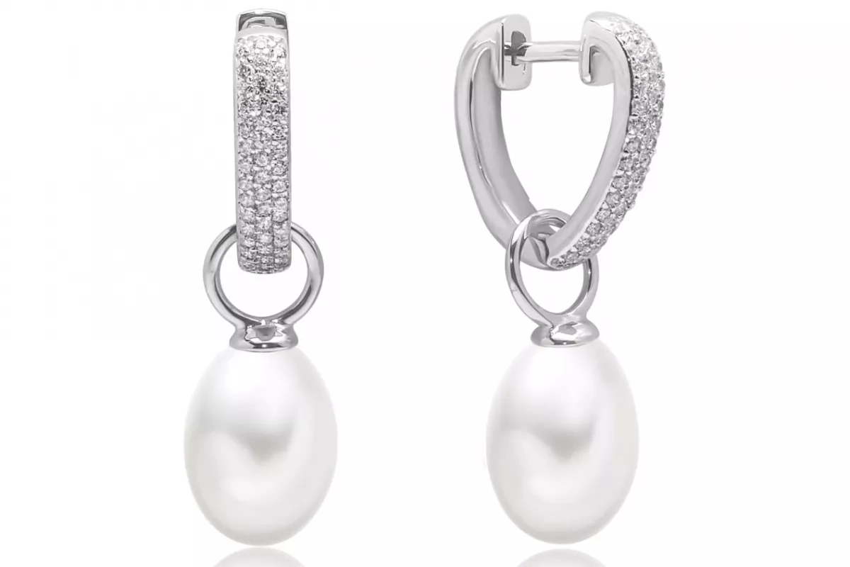 Eleganter Perlenohrring hängend weiß reis 9-9.5 mm, Zirkonia, Englischer Verschluss, Gaura Pearls, Estland Eleganter Perlenohrring hängend weiß reis 9-9.5 mm, Zirkonia, Englischer Verschluss, Gaura Pearls, Estland