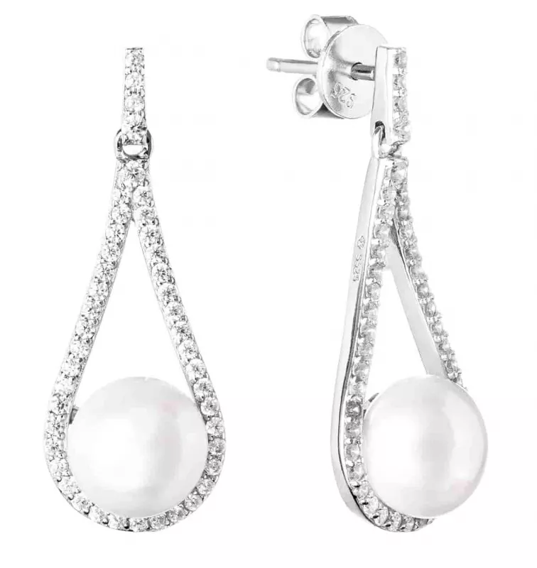 Elegante Perlenohrstecker hängend weiß rund 8.5-9 mm, Zirkonia, 925er Silber, Gaura Pearls, Estland Elegante Perlenohrstecker hängend weiß rund 8.5-9 mm, Zirkonia, 925er Silber, Gaura Pearls, Estland