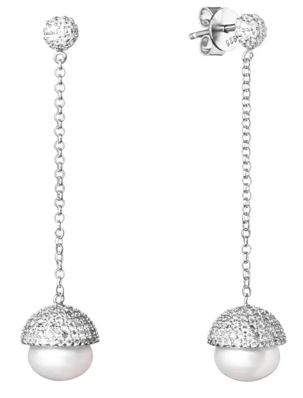 Eleganter Perlenohrhänger weiß 9-9.5 mm, Zirkonia, 925er Silberketten, Sich.verschluss, Gaura Pearls, Estland
