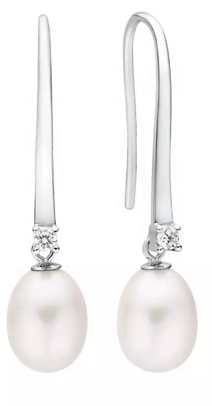 Eleganter Perlenohrhänger weiß reisförmig mit Zirkonia rund 7.5-8 mm, 925er Silber, Gaura Pearls, Estland