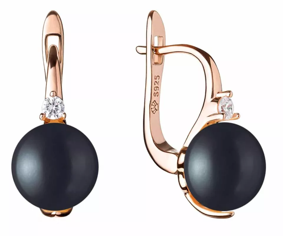 Eleganter Perlenohrring Roségold 585 plattiert (1 Mik) rund schwarz 9-9.5 mm, Engl. Verschluß, Gaura Pearls, Estland Eleganter Perlenohrring Roségold 585 plattiert (1 Mik) rund schwarz 9-9.5 mm, Engl. Verschluß, Gaura Pearls, Estland