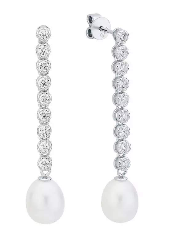 Eleganter Perlenohrring Steckverschluss lang weiss rund 8-8.5 mm, Zirkonia, 925er Silber, Gaura Pearls, Estland