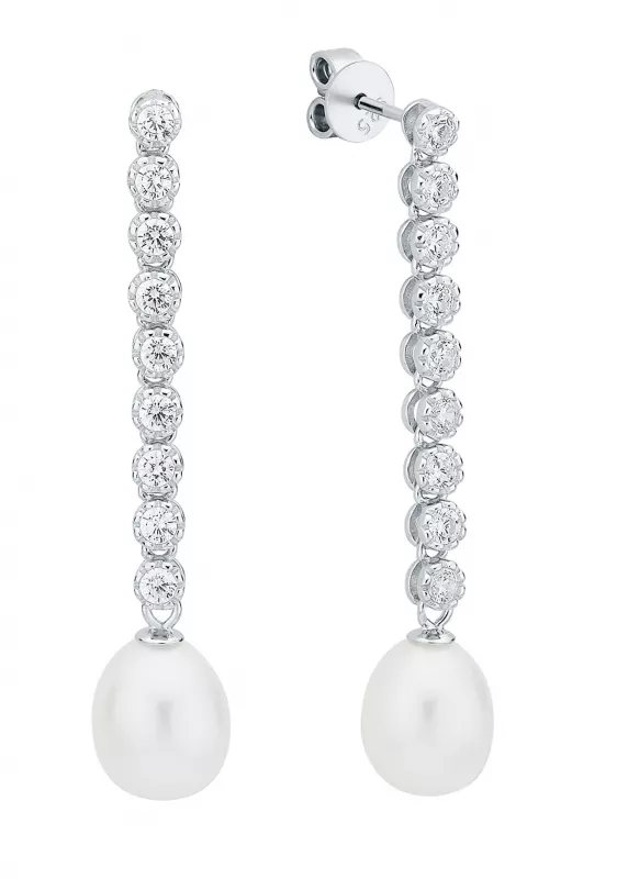Eleganter Perlenohrring Steckverschluss lang weiss rund 8-8.5 mm, Zirkonia, 925er Silber, Gaura Pearls, Estland Eleganter Perlenohrring Steckverschluss lang weiss rund 8-8.5 mm, Zirkonia, 925er Silber, Gaura Pearls, Estland
