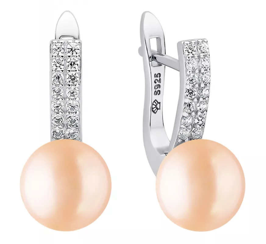 Eleganter Perlenohrring rosa rund 9-9.5 mm, Zirkoniabogen, Englischer Verschluss, 925er Silber, Gaura Pearls, Estland Eleganter Perlenohrring rosa rund 9-9.5 mm, Zirkoniabogen, Englischer Verschluss, 925er Silber, Gaura Pearls, Estland