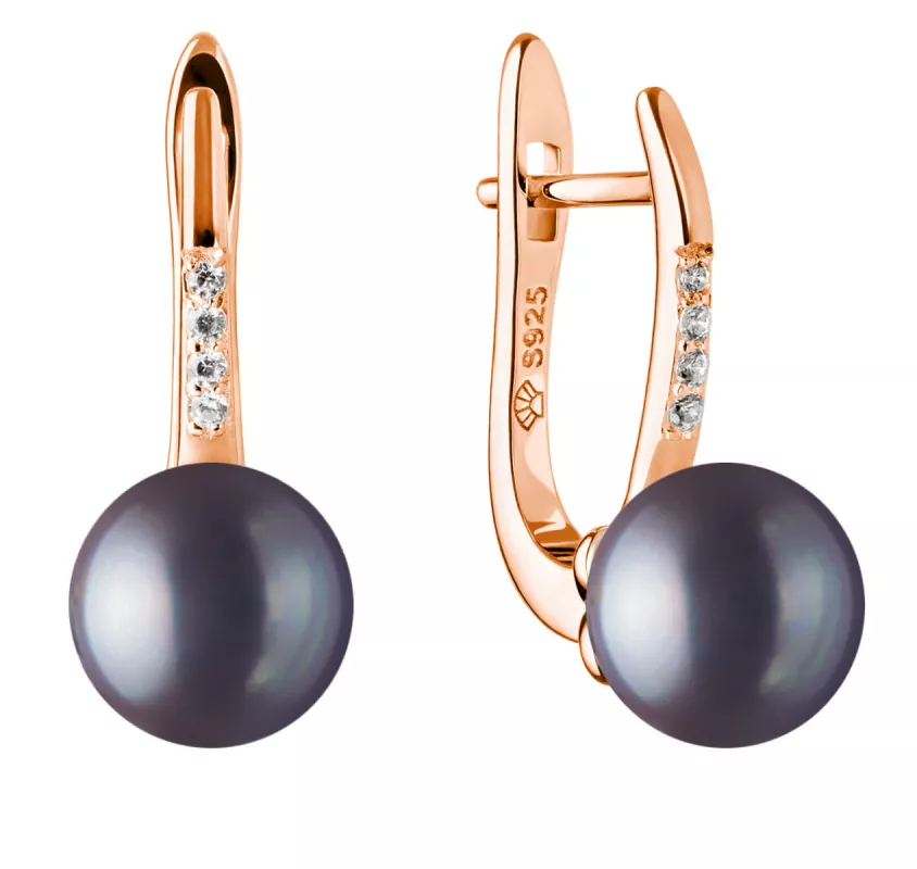 Eleganter Perlenohrring schwarz rund 9-9.5 mm, Zirkoniabogen, Englischer Verschluss, 925er Silber, Gaura Pearls, Estland Eleganter Perlenohrring schwarz rund 9-9.5 mm, Zirkoniabogen, Englischer Verschluss, 925er Silber, Gaura Pearls, Estland