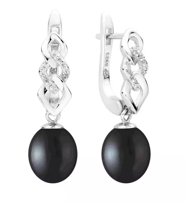 Eleganter Perlenohrring hängend schwarzer Perle reisförmig 8-8.5 mm