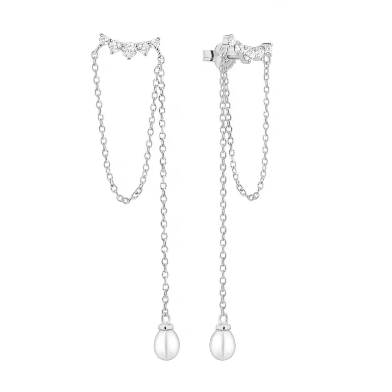 Eleganter Perlenohrstecker weiss rund, 4-4.5 mm, mit Kette, 925er Silber, Gaura Pearls, Estland Eleganter Perlenohrstecker weiss rund, 4-4.5 mm, mit Kette, 925er Silber, Gaura Pearls, Estland