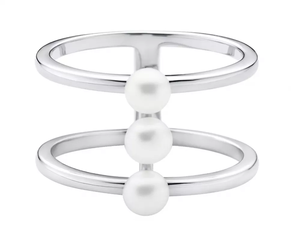 Eleganter Doppel-Ring mit weißer Perle, 925er rhodiniertes Silber, Gaura Pearls, Estland Eleganter Doppel-Ring mit weißer Perle, 925er rhodiniertes Silber, Gaura Pearls, Estland