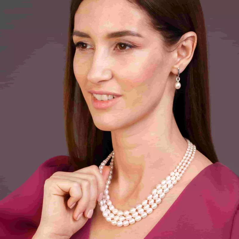 Elegantes 3-reihiges Perlencollier weiß reis, 4-5, 6-7 mm, 45 cm, variabler Verschluss 925er Silber, Gaura-Pearls Elegantes 3-reihiges Perlencollier weiß reis, 4-5, 6-7 mm, 45 cm, variabler Verschluss 925er Silber, Gaura-Pearls