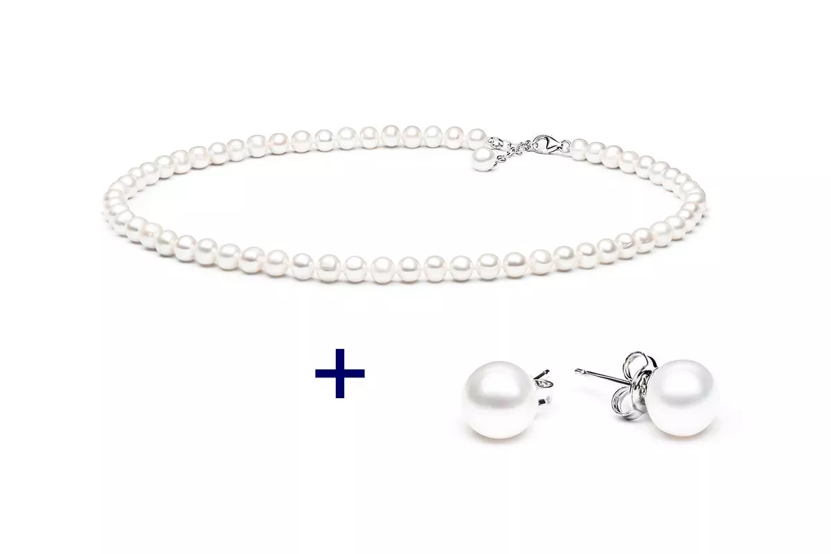 Perlenschmuck Set - Klassisch elegant - Perlenohringe weiß und Perlenkette weiß Bild 1