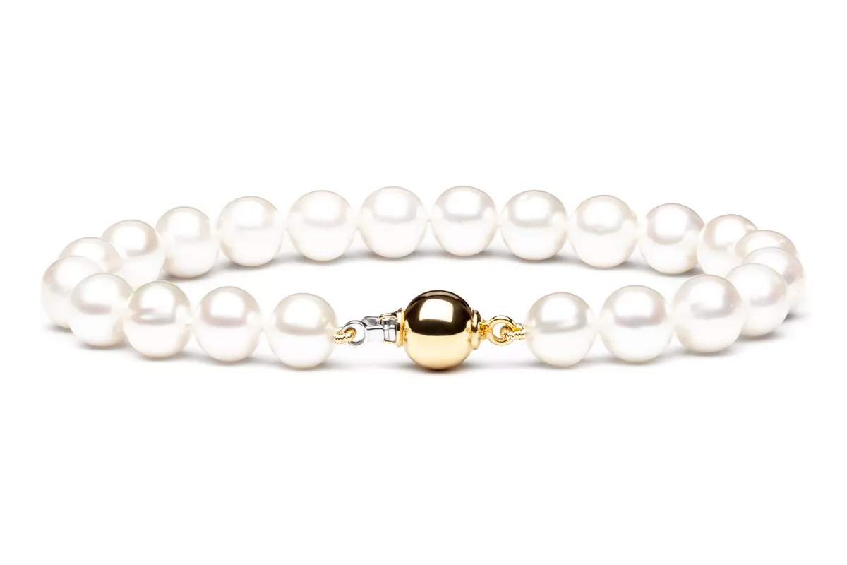 Elegantes Perlenarmband mit Gold, weiß rund 8-9 mm, 19 cm, 14K Weiß/Gelbgold, Gaura Pearls, Estland Elegantes Perlenarmband mit Gold, weiß rund 8-9 mm, 19 cm, 14K Weiß/Gelbgold, Gaura Pearls, Estland