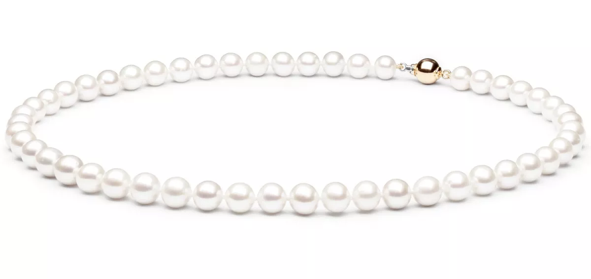 Klassische Perlenkette weiß rund, 8-9 mm, 45 cm, Verschluss 14K Weiß/Gelbgold, Gaura Pearls, Estland