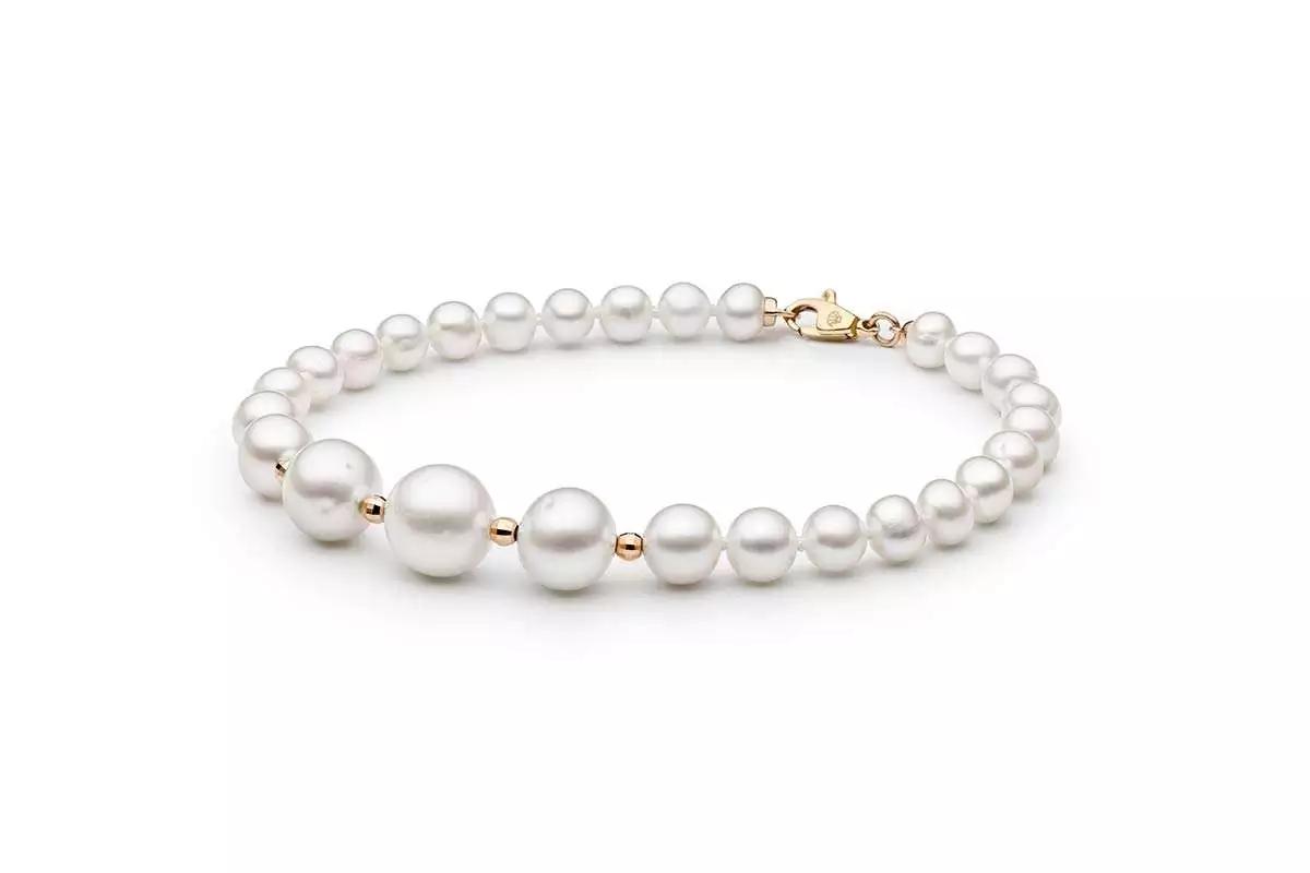 Klassisch-Elegantes Perlenarmband weiß rund 4.5-9.5 mm, Roségoldperlen, Verschluss 14K Roségold,