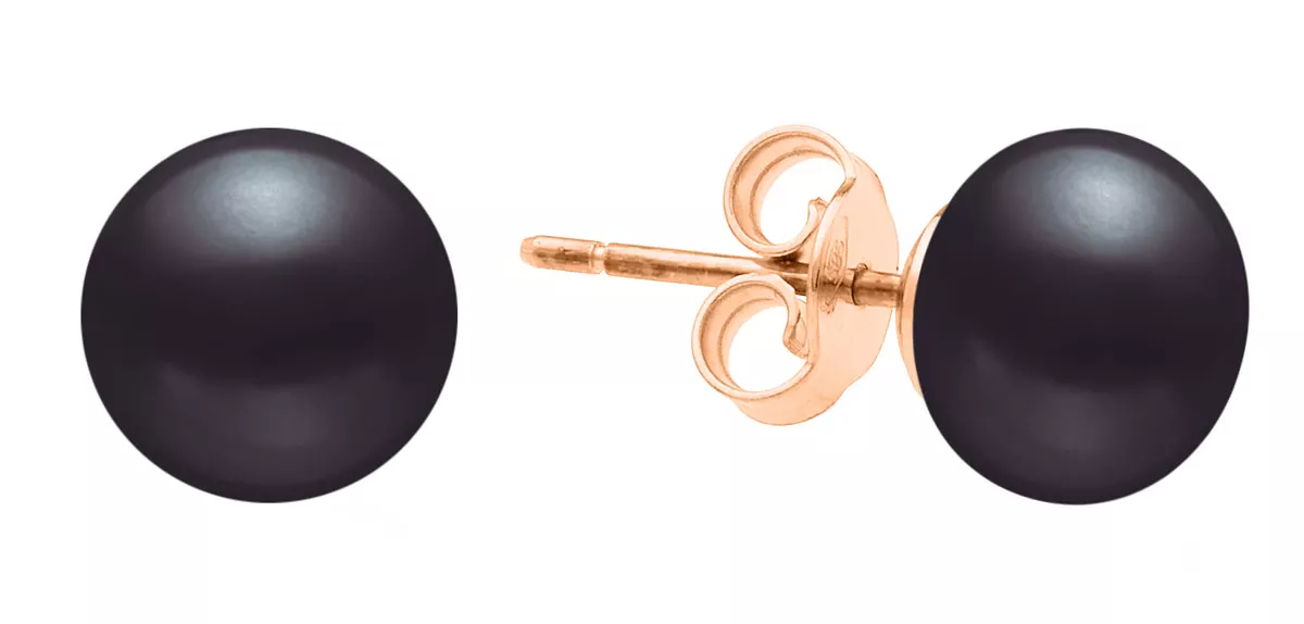 Klassischer Perlenohrstecker schwarz rund 7.5-8 mm, 14KT Rosé Gold Sicherheitsverschluss, Gaura Pearls, Estland