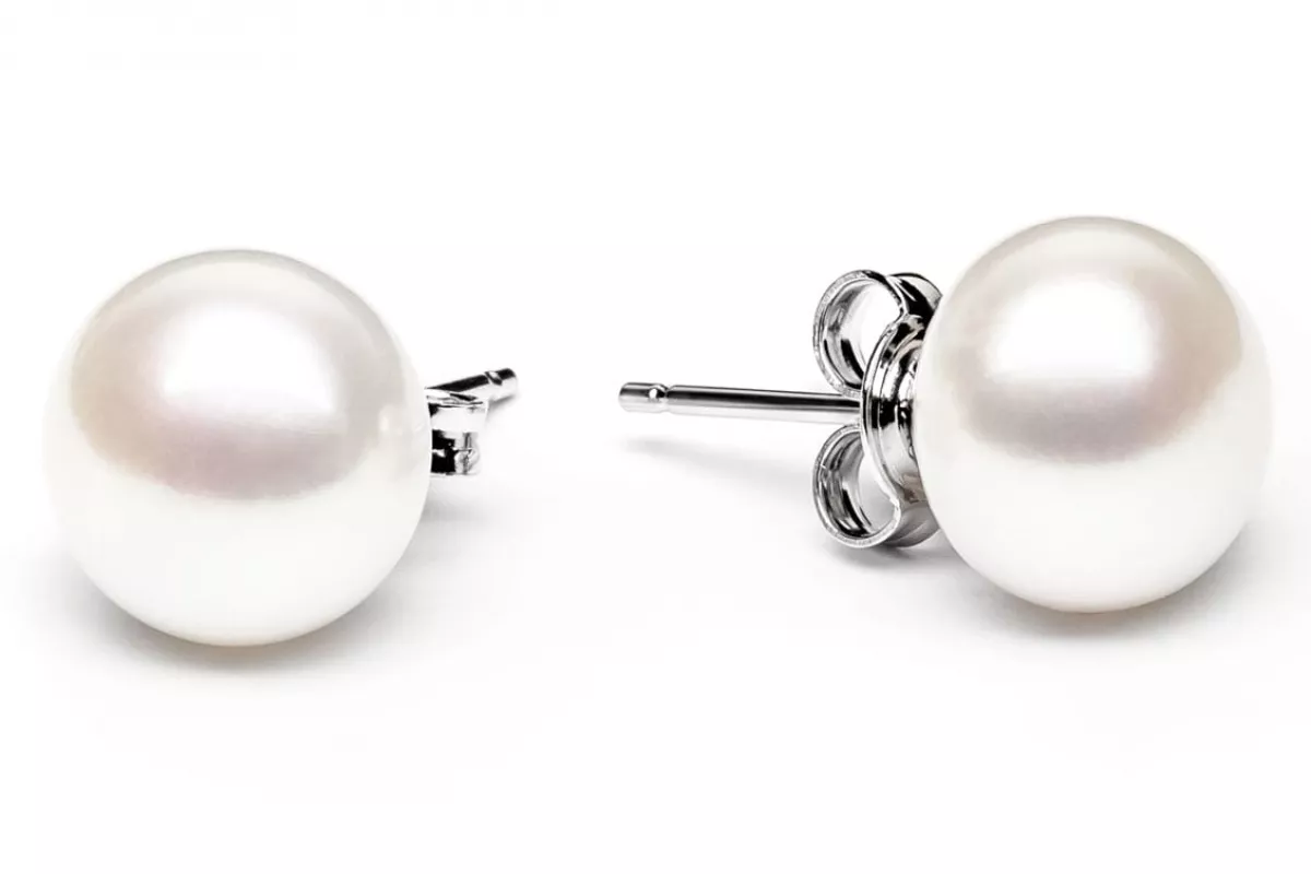 Klassischer Perlenohrstecker weiß 9-10 mm, Button, 925er Silber Sicherheitsverschluss, Gaura Pearls, Estland