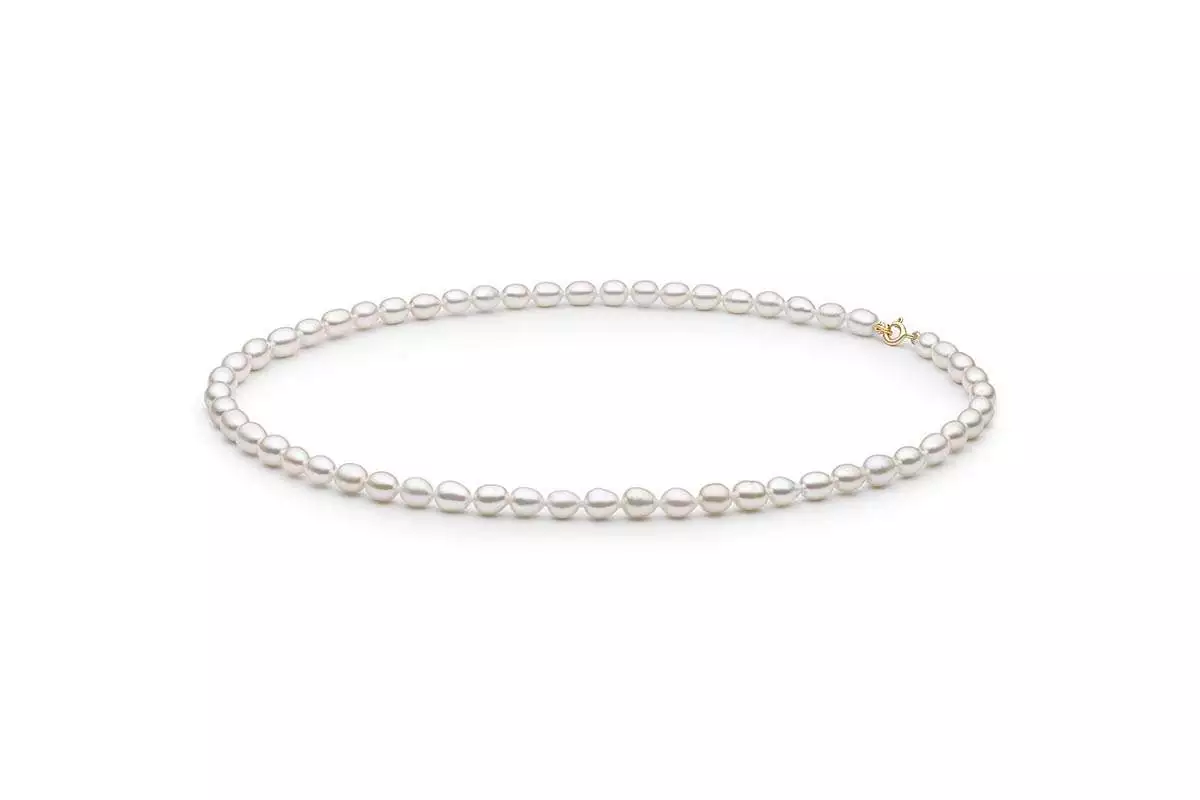 Leichte Choker Perlenkette weiß reisförmig 5-5.5 mm, 39.5 cm, Verschluss Gelbgold 9K