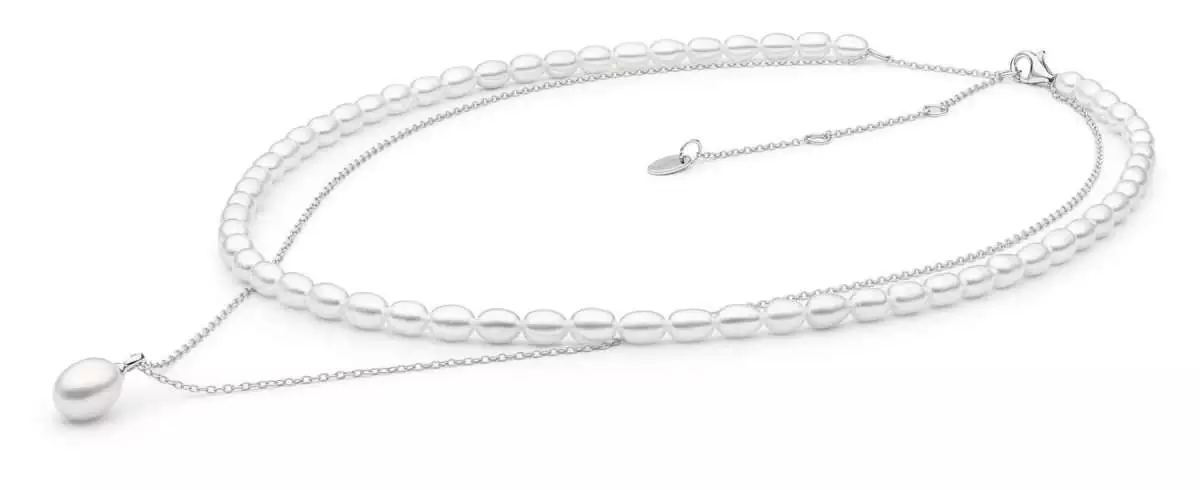 Leichte Duo-Perlenkette weiß reisförmig 4-4.5 mm, Verschluss 925er Silber, Gaura Pearls, Estland