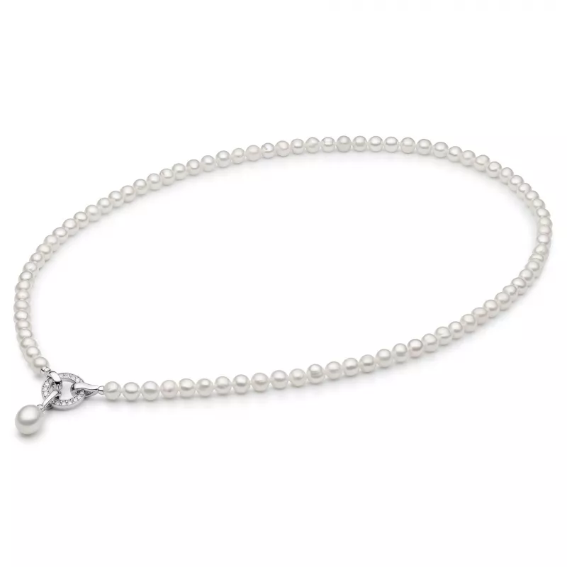 Luxury-Perlencollier weiß mit Zirkonia/Silber-Zierverschluss, rund, 5-5.5 mm, 45 cm