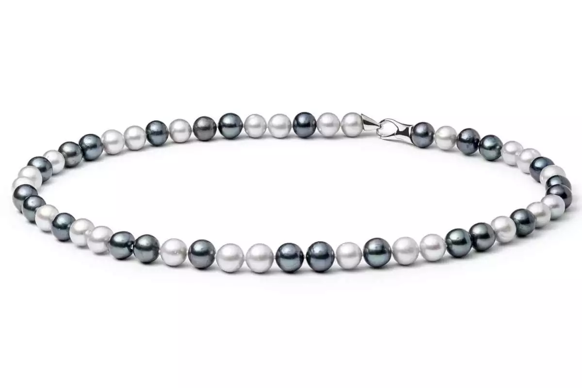Moderne Perlenkette bunt rund 8-9 mm, 50 cm, Verschluss 925er Silber, Gaura Pearls, Estland