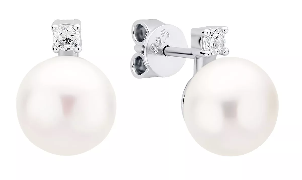 Moderner Perlenohrstecker weiss button mit Zirkonia 9-9.5 mm, 925er Silber, Gaura Pearls, Estland Moderner Perlenohrstecker weiss button mit Zirkonia 9-9.5 mm, 925er Silber, Gaura Pearls, Estland