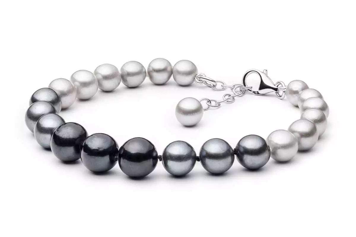 Perlenarmband "Shades of Grey" (grau bis schwarz) rund 7-10 mm, 18,5 cm Länge, Silber mit Perle, Gaura Pearls, Estland