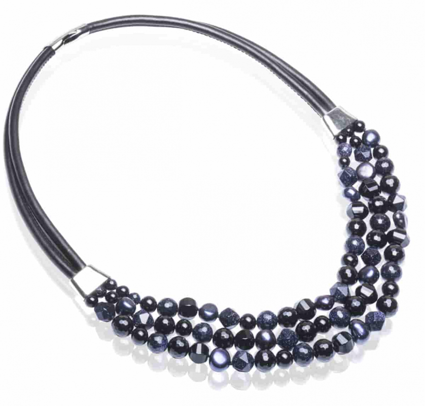 Textilkette Collier  mit Onyx Perlen Aventurin
