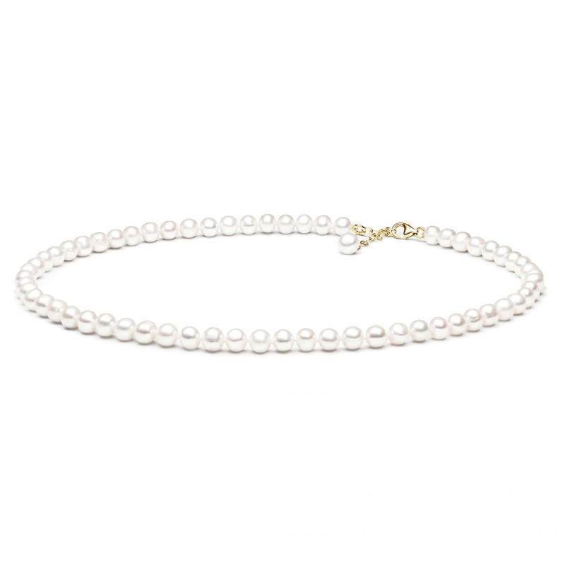 Gaura Pearls Perlenkette - weiß, rund, 8 mm, 45-48 cm, 585 Gelbgold plat.
