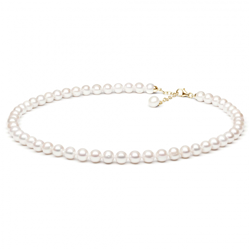 Gaura Pearls Perlenkette - weiß, rund, 9 mm, 45-48 cm, 585 Gelbgold plat.