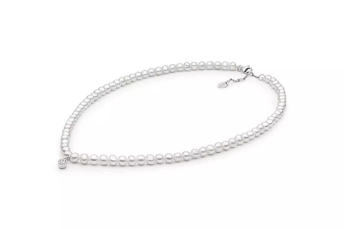 Perlenkette weiß mit Silber/Zirkonia-Anhänger, 4-4.5 mm, 39 cm Länge variierbar, 925er Silber, Gaura Pearls, Estland