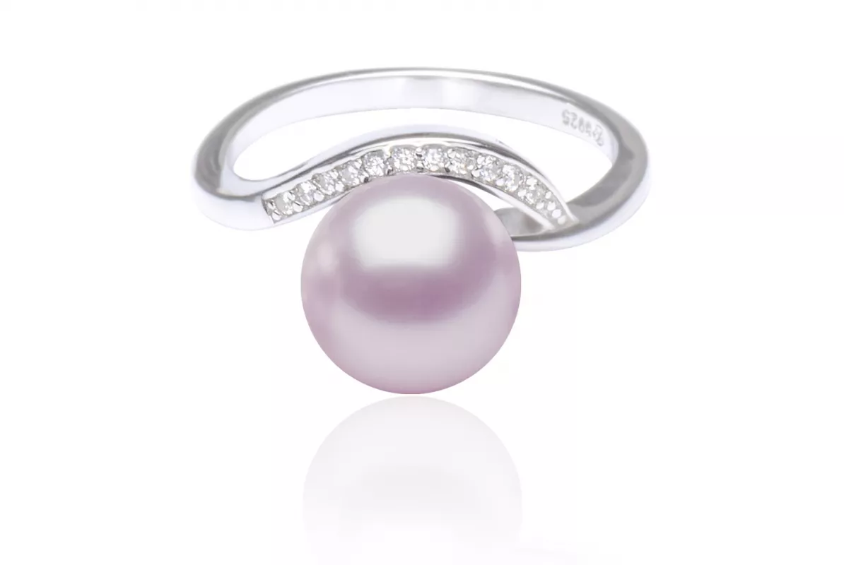 Eleganter Perlenring lavendel rund mit Zirkonia-Einfassung, 925er rhodiniertes Silber, Gaura Pearls, Estland