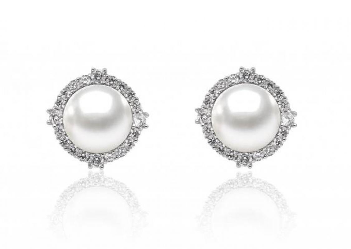 Perlenohrstecker weiß rund 9.5-10 mm, Zirkonia, 925er Silber Sicherheitsverschluss, Gaura Pearls, Estland