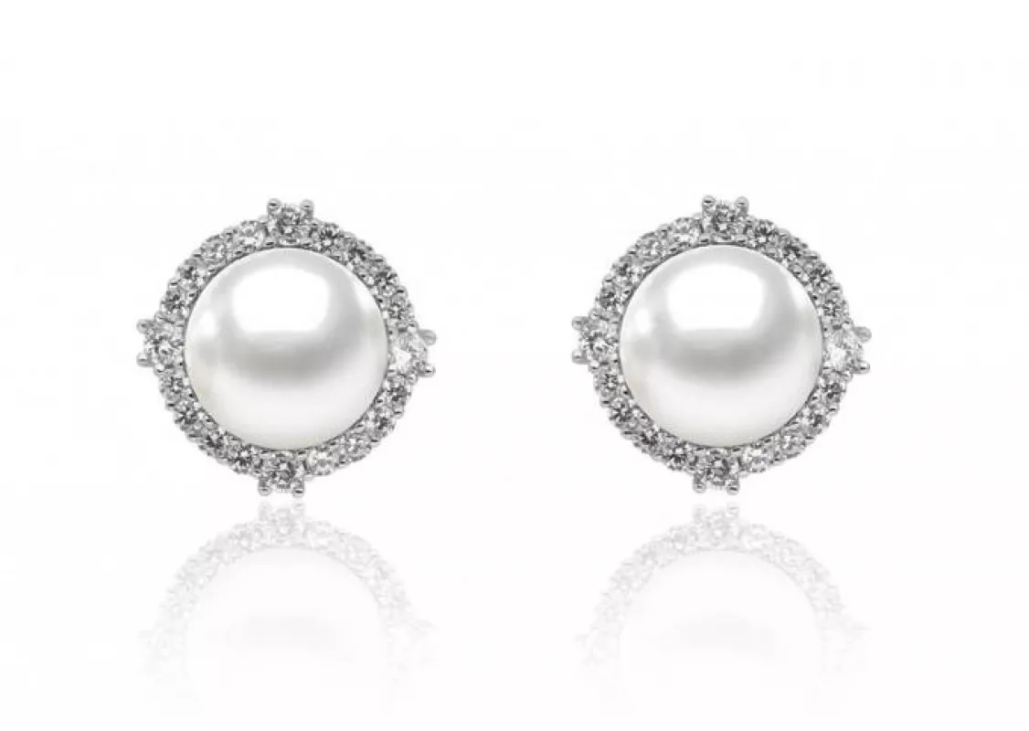 Perlenohrstecker weiß rund 9.5-10 mm, Zirkonia, 925er Silber Sicherheitsverschluss, Gaura Pearls, Estland Perlenohrstecker weiß rund 9.5-10 mm, Zirkonia, 925er Silber Sicherheitsverschluss, Gaura Pearls, Estland
