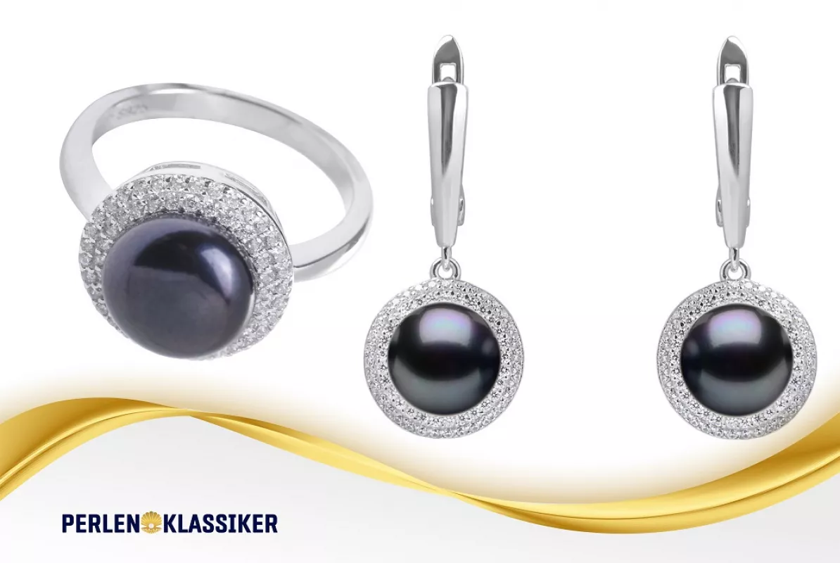 Schmuckset klassisch schwarz mit Zirkonia Ring und Ohrring englischer Verschluss Schmuckset klassisch schwarz mit Zirkonia Ring und Ohrring englischer Verschluss