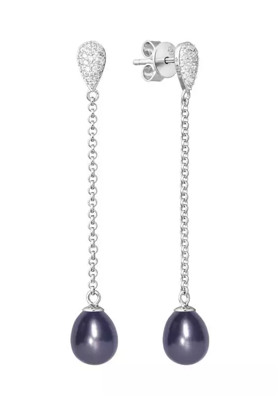 Eleganter Perlenohrstecker hängend lang schwarz rund 7.5-8.5 mm, 925er Silber, Gaura Pearls, Estland