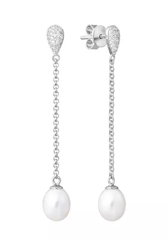 Eleganter Perlenohrstecker hängend lang weiß tropfen 7.5-8.5 mm, 925er Silber, Gaura Pearls, Estland