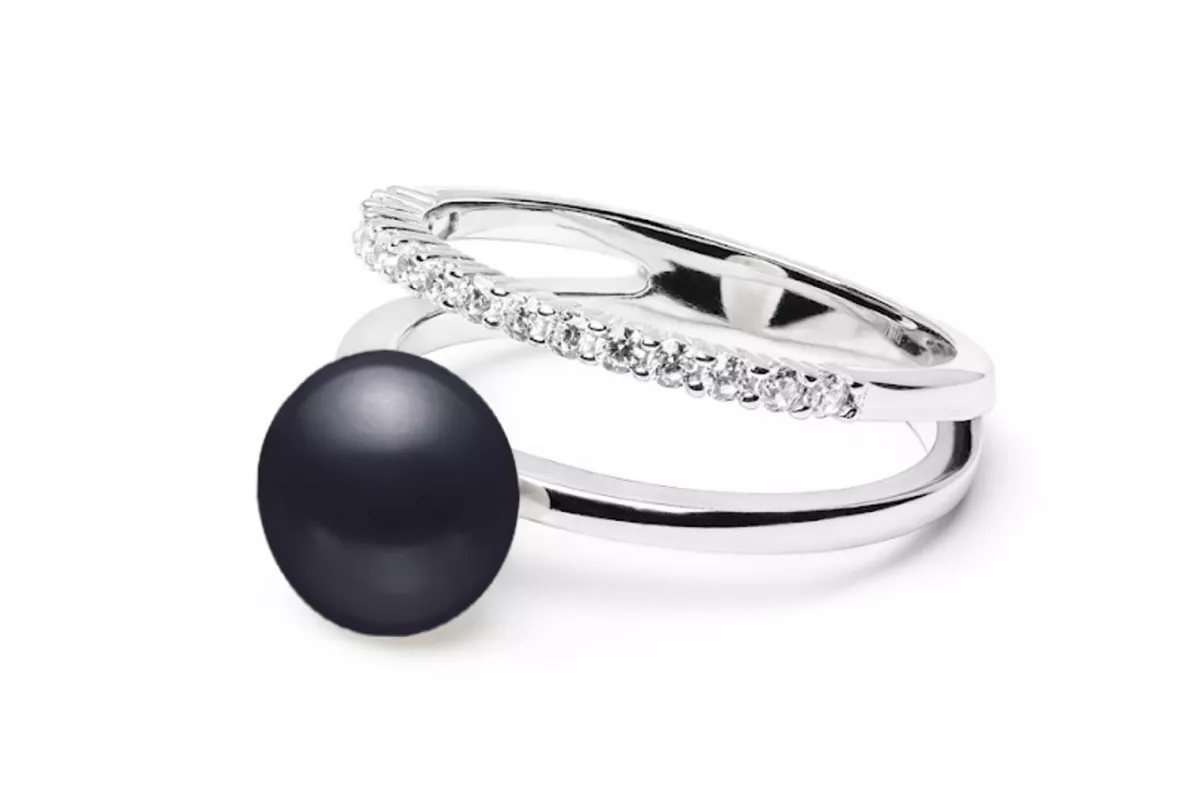 Eleganter Perlenring mit schwarzer Perle und parallelem Zirkoniaring, 925er rhodiniertes Silber, Gaura Pearls, Estland Eleganter Perlenring mit schwarzer Perle und parallelem Zirkoniaring, 925er rhodiniertes Silber, Gaura Pearls, Estland
