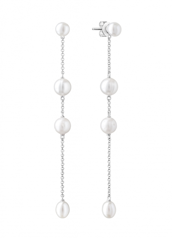 Eleganter Perlenohrhänger lang weiß rund 6-10 mm, 925er Silber, Gaura Pearls, Estland
