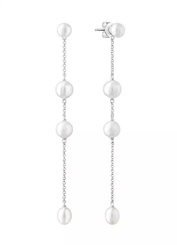 Eleganter Perlenohrhänger lang weiß rund 6-10 mm, 925er Silber, Gaura Pearls, Estland