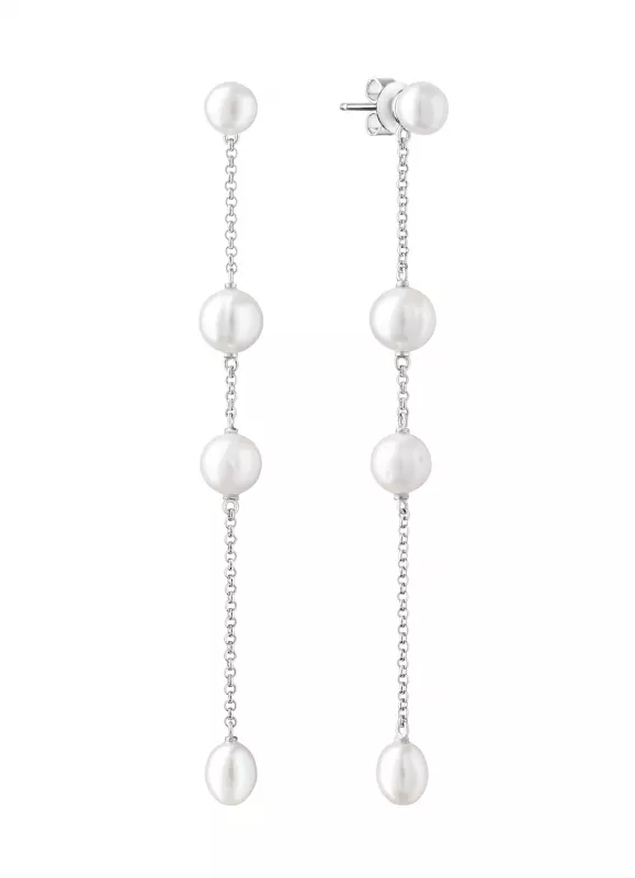 Eleganter Perlenohrhänger lang weiß rund 6-10 mm, 925er Silber, Gaura Pearls, Estland