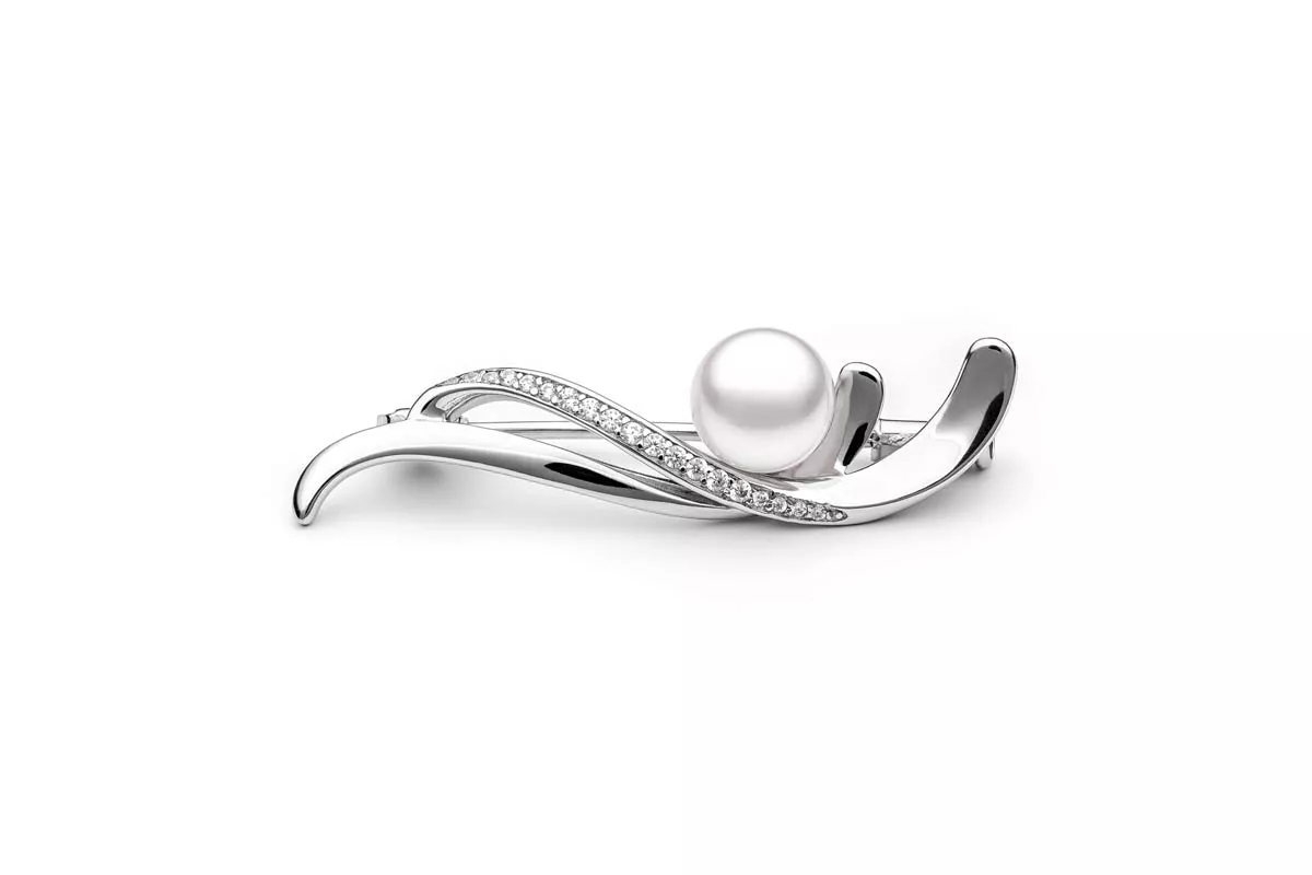 Brosche weiß 7.5-8 mm, Zirkonia, 925er rhodiniertes Silber, Gaura Pearls, Estland