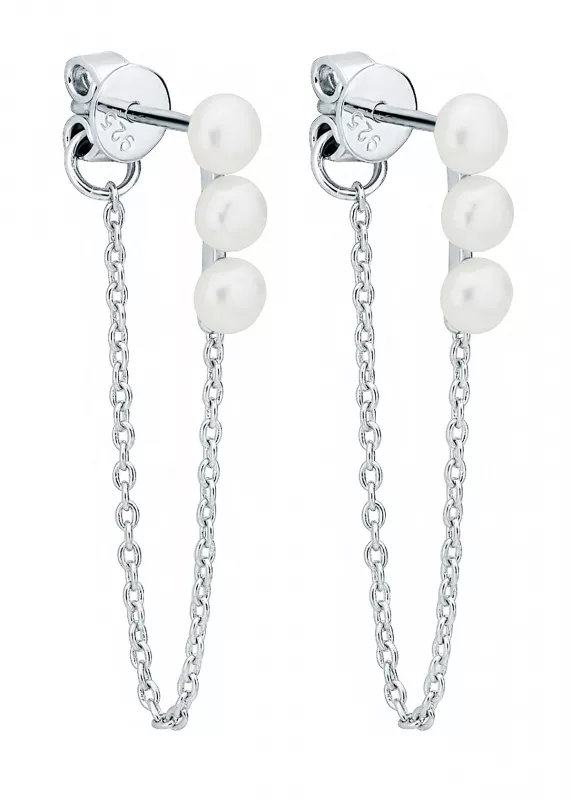 Eleganter Perlenohrstecker weiss rund, 3.5-4 mm, mit Kette, 925er Silber, Gaura Pearls, Estland