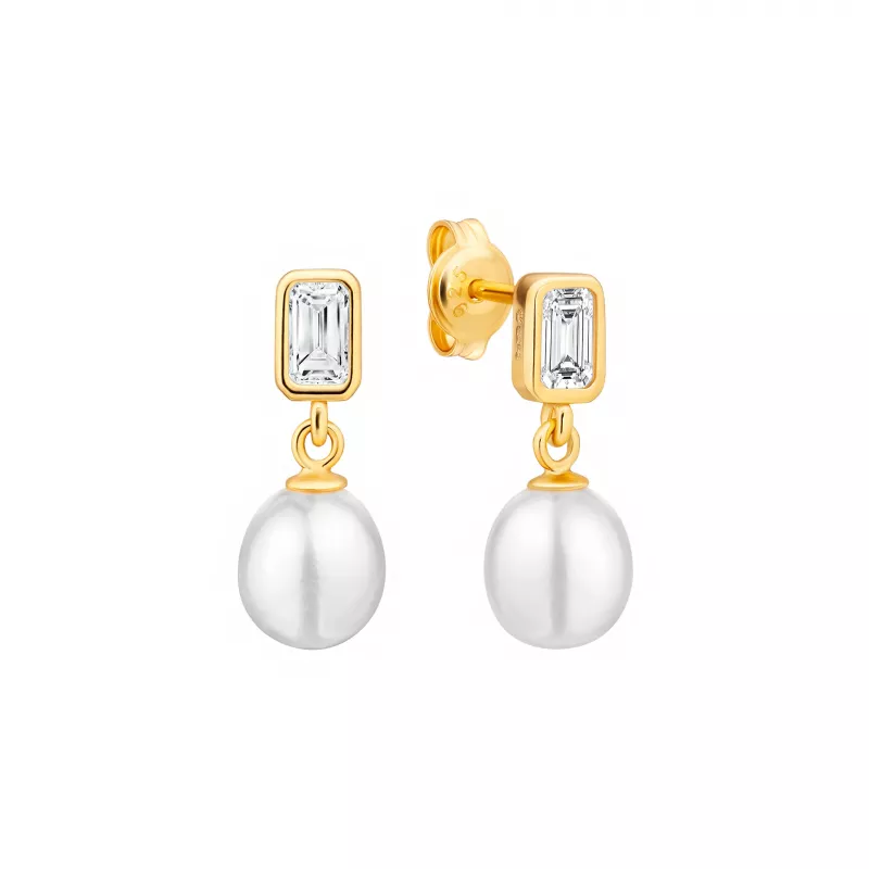 Perlenohrstecker mit weißer Süßwasserzuchtperle 7-7,5 mm, Zirkonia im Baguetteschliff, 585 Gelbgold plattiert auf 925er Silber, Gaura Pearls, Estland