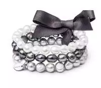Elegantes Perlenarmband 3-reihig mehrfarbig, weiß grau schwarz barock, 9-10 mm, Stahl, Gaura Pearls, Estland