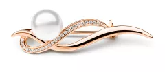 Brosche geschwungen Perle weiss rund 8-8.5 mm mit Zirkonia, Roségold 585 plattiert, Gaura Pearls, Estland
