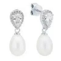 Elegante Perlenohrstecker mit hängender Perle in Tropfenform weiß 7-7.5 mm, Zirkonia, 925er Silber, Gaura Pearls, Estland