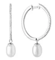 Eleganter Perlenohrring (Creolen) weiß tropfen 7.5-8.5 mm, Zirkonia, 925er Silber, Gaura Pearls, Estland