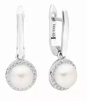 Eleganter Perlenohrring hängend weißer rund 7-7.5 mm, Zirkonia,Sich.verschluss 925er Silber, Gaura Pearls, Estland