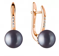 Eleganter Perlenohrring schwarz rund 9-9.5 mm, Zirkoniabogen, Englischer Verschluss, 925er Silber, Gaura Pearls, Estland