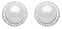 Eleganter Perlenohrstecker weiß rund 9-10 mm, Zirkonia, 925er Silber Sicherheitsverschluss, Gaura Pearls, Estland