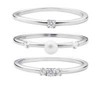 Elegante Ring-Kombination 3 Ringe - Perle weiß, Zirkonia, 3 Zirkonia, 925er rhodiniertes Silber, Gaura Pearls, Estland